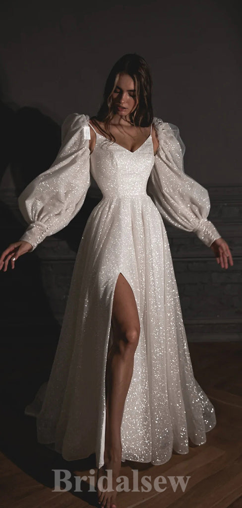 A-line Charming Classic Fitted Sparkly Sequin Straps Beach Vintage Long Wedding Dresses WD314