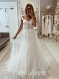 A-line Charming Custom V-Neck Lace Unique Fairy Beach Boho Vintage Long Wedding Dresses WD334