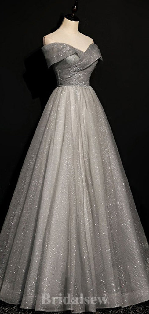 A-line Charming Silver Sparkly Glitter Elegant Modest Long Party Evening Prom Dresses PD1290