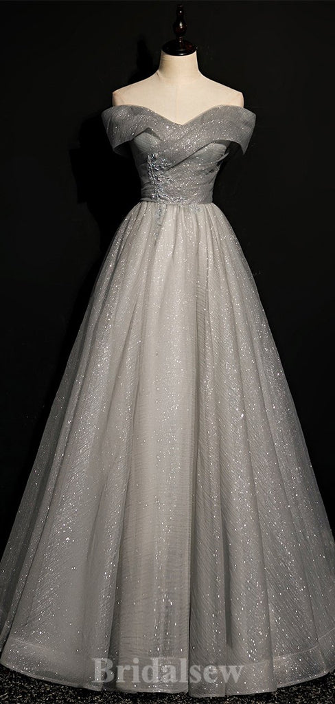 A-line Charming Silver Sparkly Glitter Elegant Modest Long Party Evening Prom Dresses PD1290