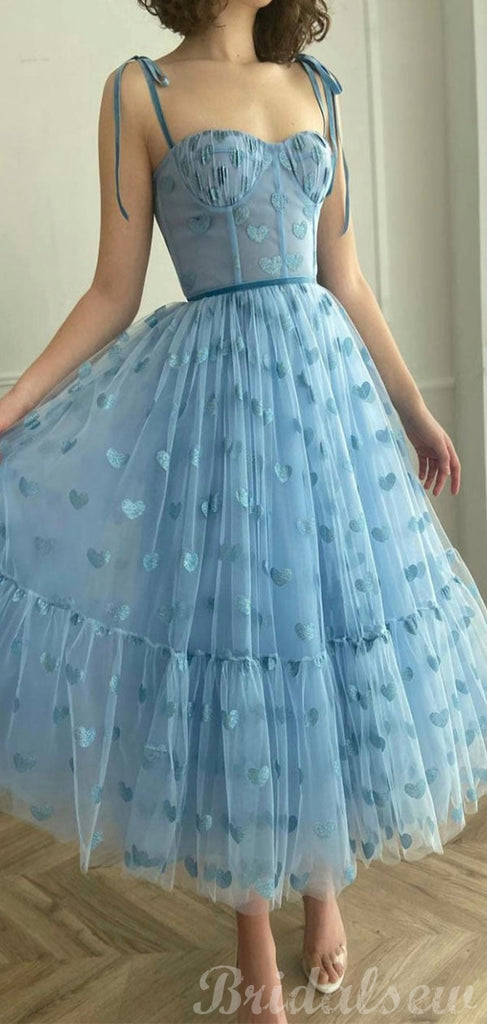 A-line Charming Short Prom Dresses, Blue Heart Modest Spaghetti Straps Short Homecoming Dresses HD015