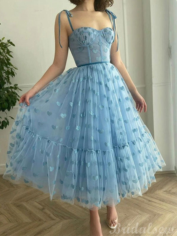 A-line Charming Short Prom Dresses, Blue Heart Modest Spaghetti Straps –  bridalsew