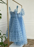 A-line Charming Short Prom Dresses, Blue Heart Modest Spaghetti Straps Short Homecoming Dresses HD015