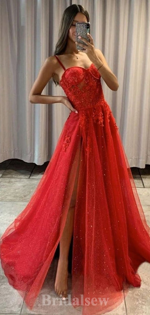 A-line Charming Spaghetti Straps Red Glitter Modest Elegant Long Party Evening Prom Dresses PD1327