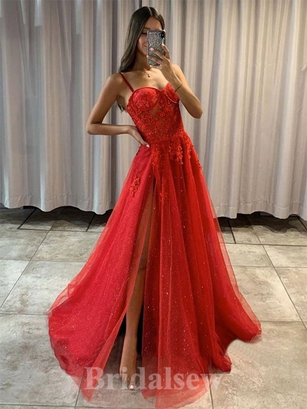 A-line Charming Spaghetti Straps Red Glitter Modest Elegant Long Party Evening Prom Dresses PD1327