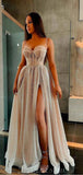 A-line Charming Spaghetti Straps Sequin Party Modest Long Prom Dresses PD129