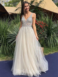 A-line Charming V-Neck Sparkly Modest Elegant Long Party Evening Prom Dresses PD1330