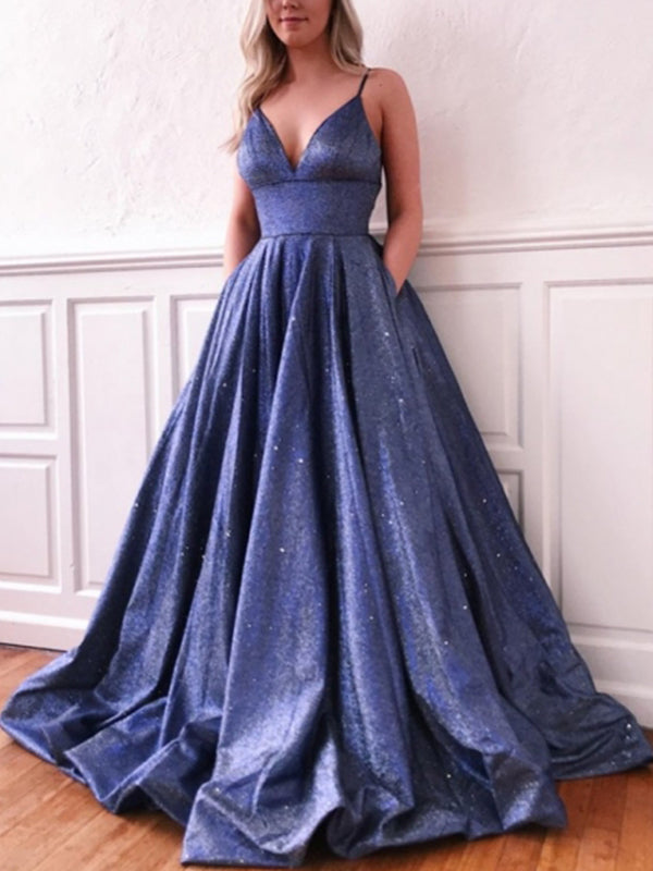 A-line Chic Navy Blue Sequin Sparkly Gorgeous Long Prom Dresses PD145