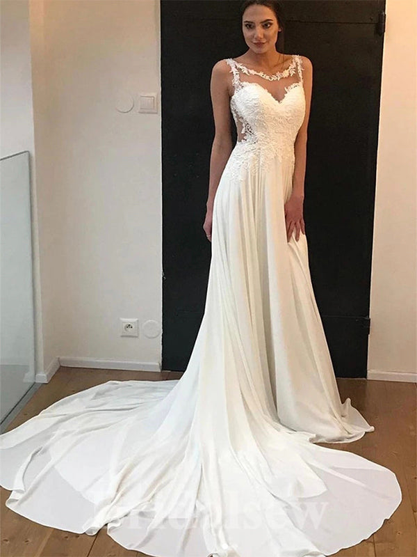 A-line Chiffon Princess Vintage Dream Beach Sleeveless Long Wedding Dresses, Bridal Gown WD454