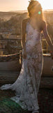 A-line Classic Boho Lace V-neck Spaghetti Straps Fairy Lace Beach Vintage Long Wedding Dresses WD289