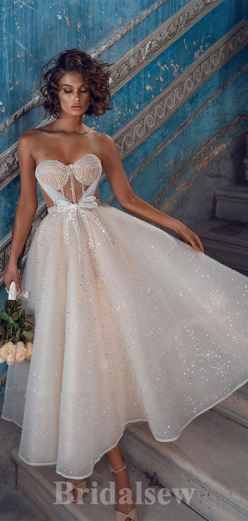 A-line Classic Fitted Sparkly Sequin Strapless Garden Beach Vintage Lo bridalsew A-line Classic Fitted Sparkly Sequin Strapless Garden Beach Vintage Lo bridalsew