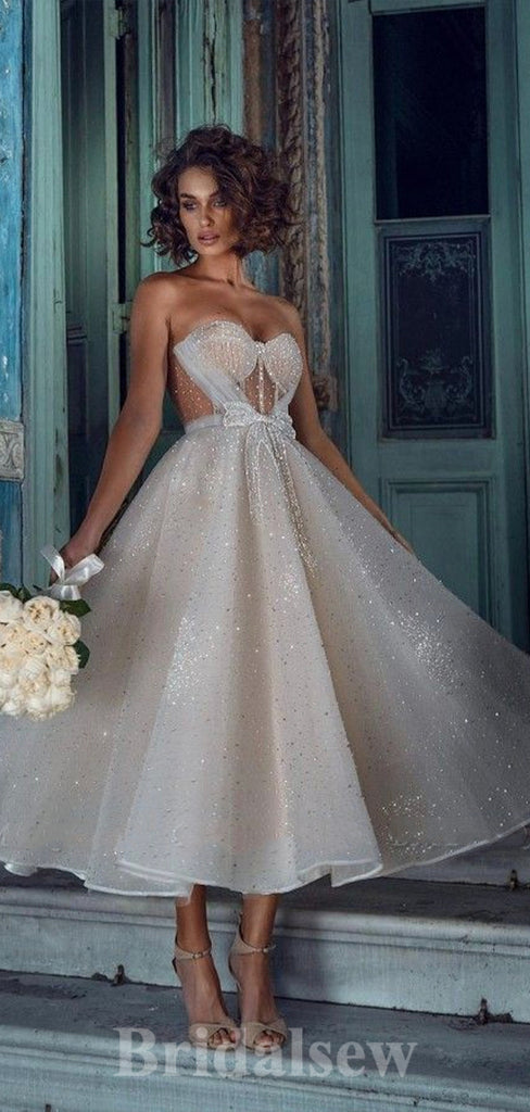A-line Classic Fitted Sparkly Sequin Strapless  Garden Beach Vintage Long Wedding Dresses WD313