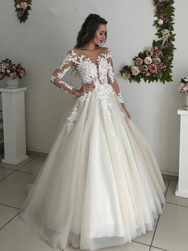 A-line Classic Lace Log Sleeves Country Wedding Dresses, Bridal Gowns bridalsew A-line Classic Lace Log Sleeves Country Wedding Dresses, Bridal Gowns bridalsew
