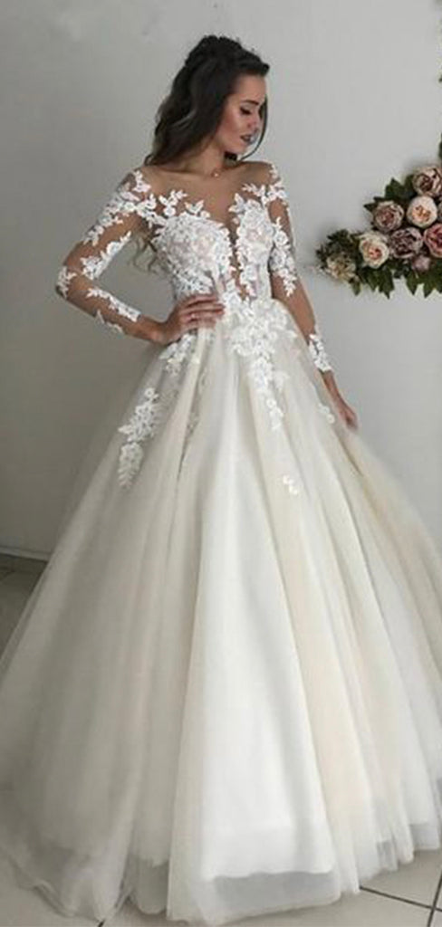 A-line Classic Lace Log Sleeves Country Wedding Dresses, Bridal Gowns ...
