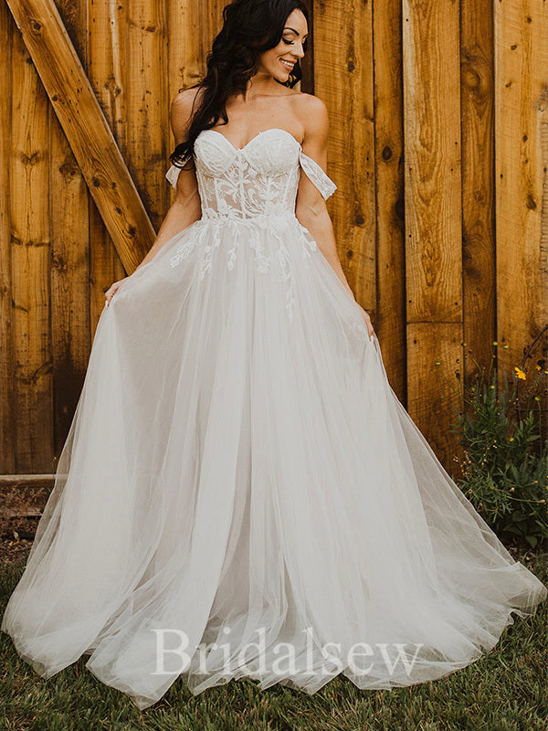 A-line Classic Off the Shoulder Country Fairy Lace Beach Vintage Long bridalsew A-line Classic Off the Shoulder Country Fairy Lace Beach Vintage Long bridalsew
