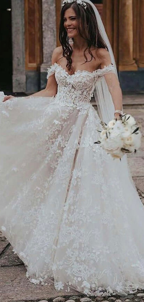 A-line Classic Off the Shoulder Gorgeous Fairy Lace Beach Vintage Long Wedding Dresses WD288