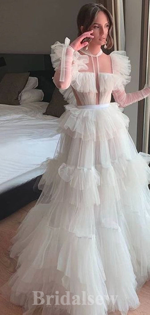 A-line Classic Tulle Long Sleeves Unique Beach Vintage Long Wedding Dresses WD320