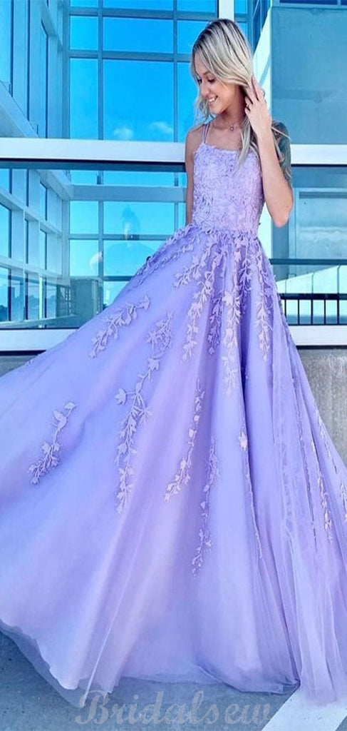 A-line Custom Purple Lace Spaghetti Straps Elegant Prom Dresses PD070