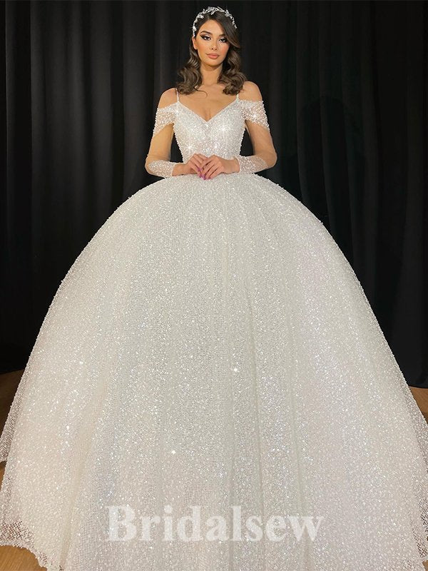 A-line Custom Sparkly Princess Vintage Dream Beach Long Wedding Dresses, Bridal Gown WD490