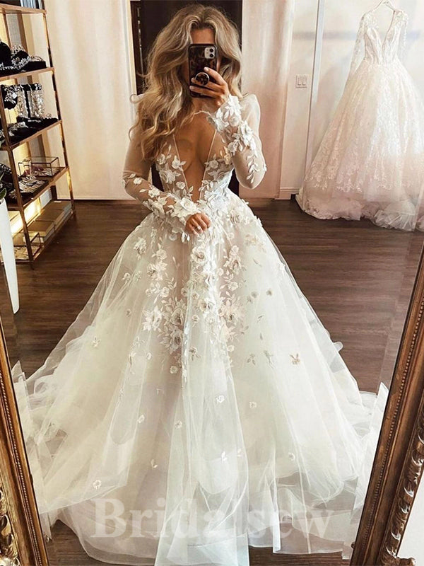 A-line Deep V-Neck Popular Long Sleeves Garden Beach Vintage Long Wedding  Dresses, Bridal Gown WD437