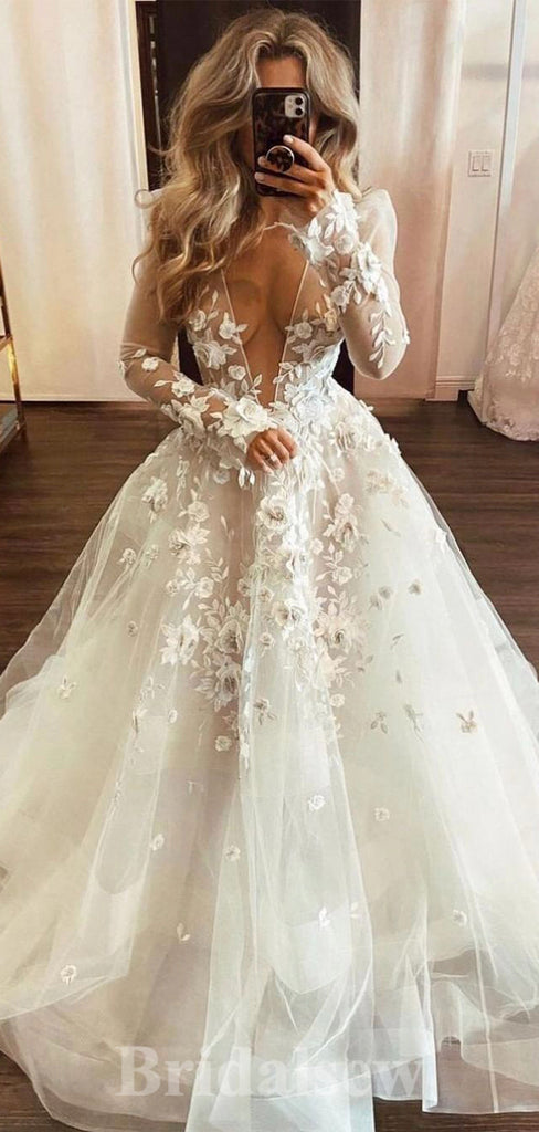 A-line Deep V-Neck Popular Long Sleeves Garden Beach Vintage Long Wedding Dresses, Bridal Gown WD437