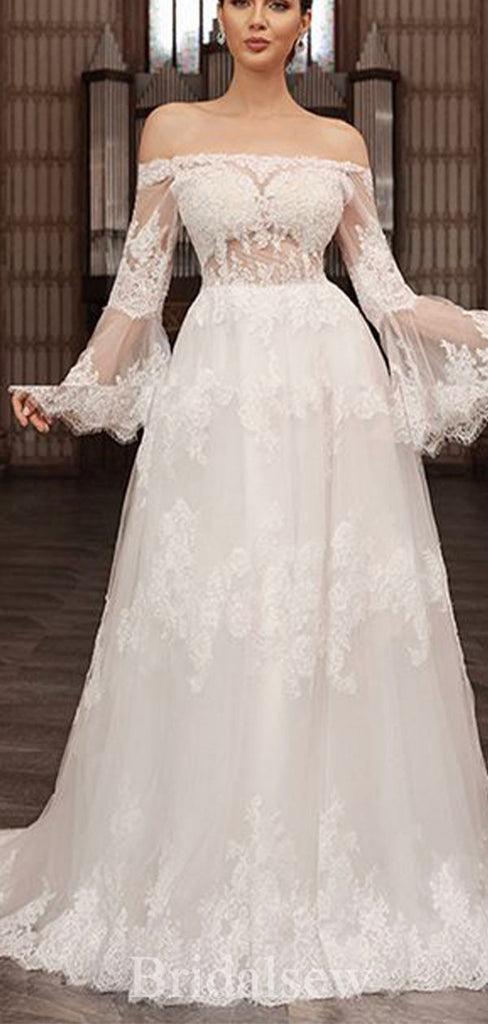 A-line Dream Long Sleeves Off the Shoulder Garden Beach Vintage Long Wedding Dresses WD305