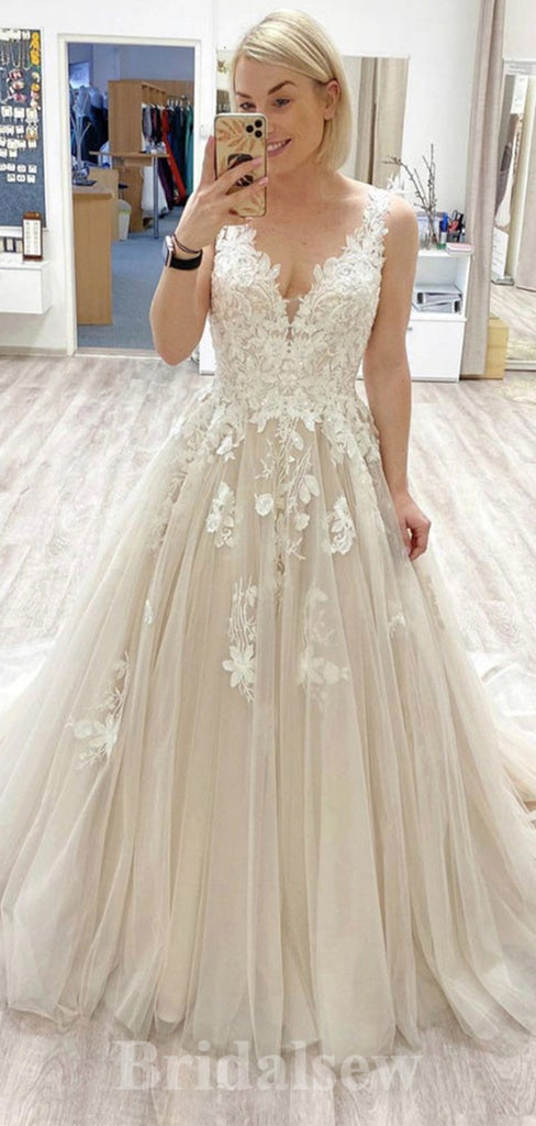 A-line Dream Tulle Sleeveless Garden Beach Vintage Long Wedding Dresses, Bridal Gown WD435