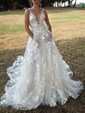 A-line Dream Vintage Lace Plus Size Beach Long Wedding Dresses, Bridal Gown WD139