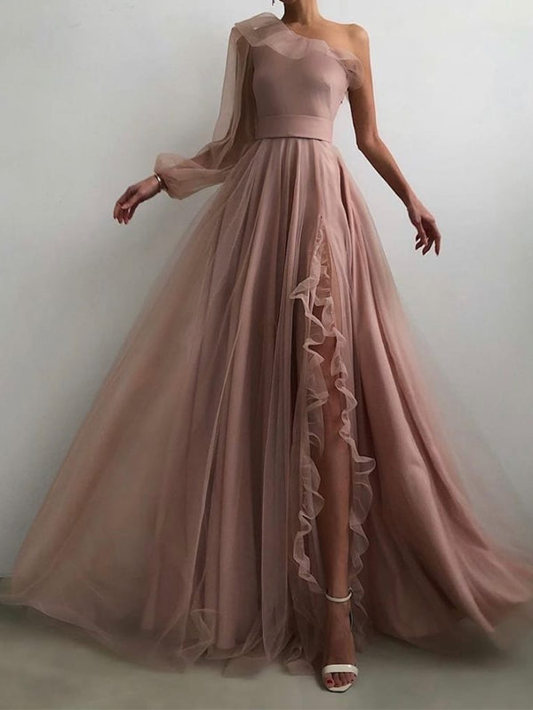 A-line Dusty Pink One Shoulder Elegant Modest Formal Long Prom Dresses bridalsew A-line Dusty Pink One Shoulder Elegant Modest Formal Long Prom Dresses bridalsew