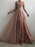 A-line Dusty Pink One Shoulder Elegant Modest Formal Long Prom Dresses PD296