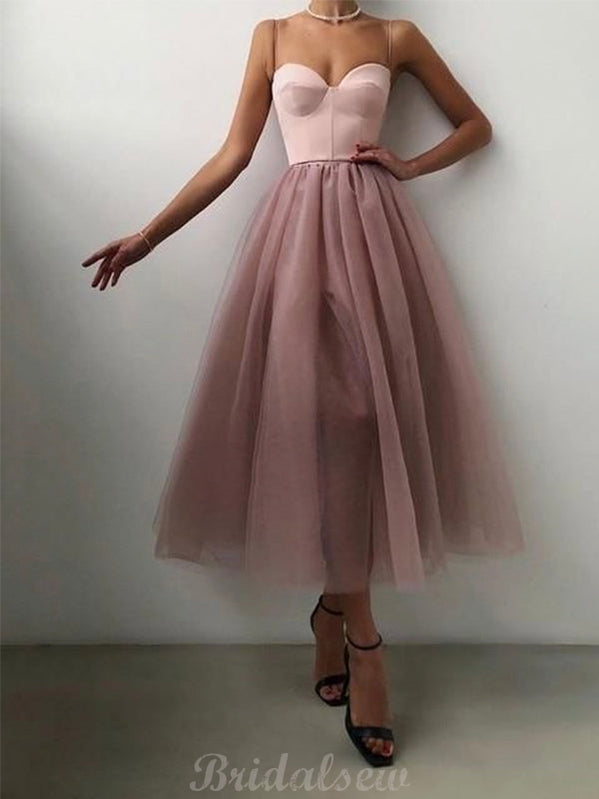 A-line Dusty Pink Tulle Spaghetti Straps Modest Prom Dresses PD113