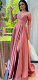 A-line Dusty Rose Satin Off the Shoulder Popular Modest Long Women Evening Prom Dresses PD868