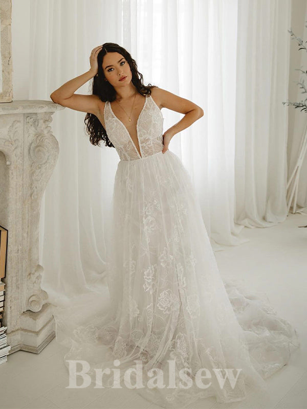A-line Elegant Lace Unique New Vintage Dream Beach Long Wedding Dresses, Bridal Gown WD461