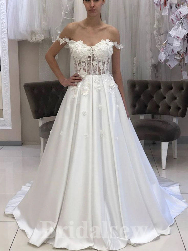 A-line Elegant Satin Off the Shoulder Vintage Dream Beach Slit Long Wedding Dresses, Bridal Gown WD465