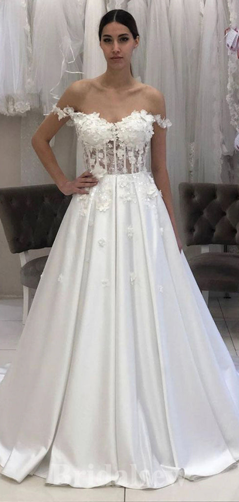 A-line Elegant Satin Off the Shoulder Vintage Dream Beach Slit Long Wedding Dresses, Bridal Gown WD465