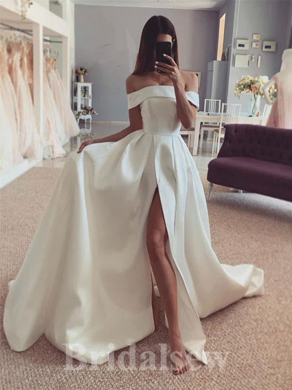 A-line Elegant Satin Simple Off the Shoulder Dream Vintage Long Weddin bridalsew A-line Elegant Satin Simple Off the Shoulder Dream Vintage Long Weddin bridalsew