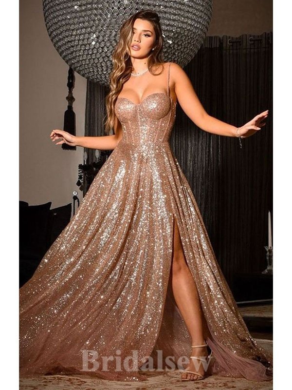 A-line Elegant Sparkly Sequin Rose Gold Popular Modest Long Party Evening Prom Dresses PD1275