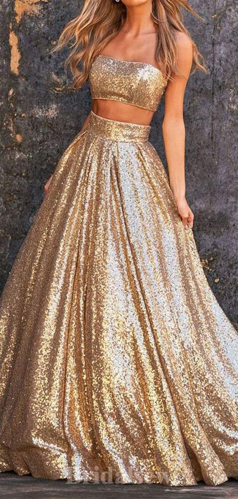 A-line Elegant Sparkly Sequin Two Pieces Green Gold Popular Fashion Long Party Evening Prom Dresses PD1274