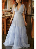 A-line Fairy Fashion Tulle Sky Blue Formal Long Prom Dresses, Evening Dress PD435