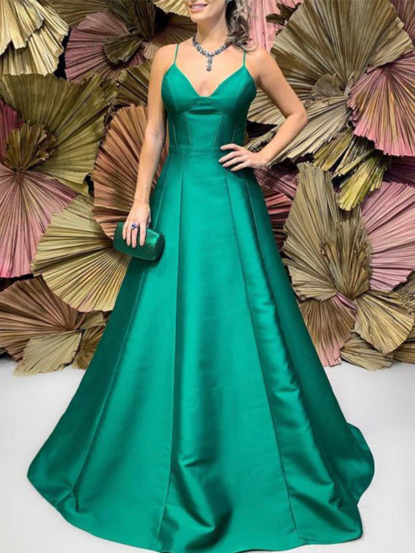 A-line Formal Green Satin Modest Long Prom Dresses, Evening Dresses PD177