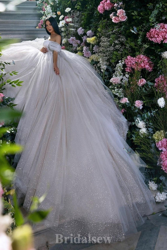 A-line Glitter Off Shoulder Gorgeous Vintage Dream Beach Long Wedding Dresses, Bridal Gown WD520