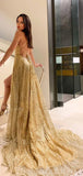 A-line Gold Spaghetti Straps Side Slit Sequin Prom Dresses PD025