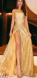 A-line Gold Spaghetti Straps Side Slit Sequin Prom Dresses PD025