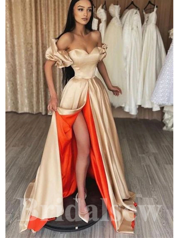 A-line Gorgeous Satin Champagne Elegant Puffy Sleeves Long Women Evening Prom Dresses PD705