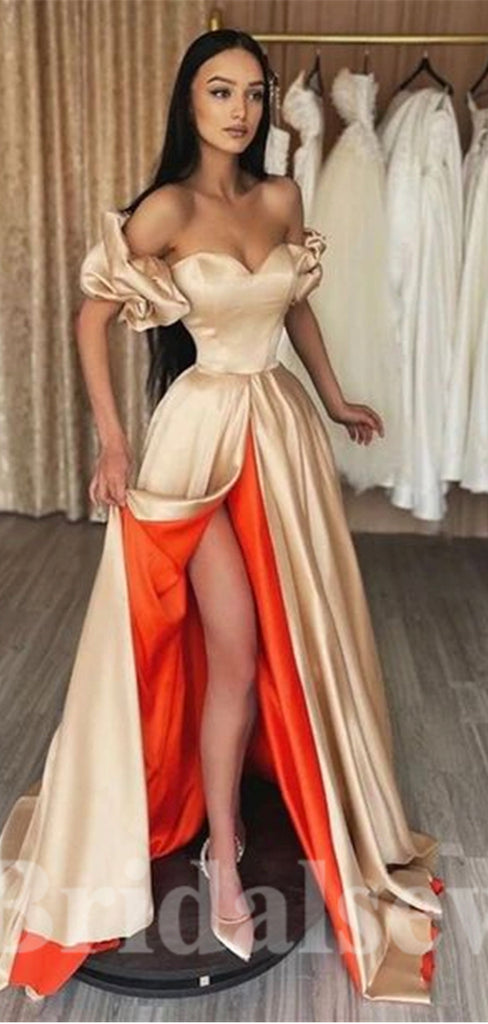 A-line Gorgeous Satin Champagne Elegant Puffy Sleeves Long Women Evening Prom Dresses PD705