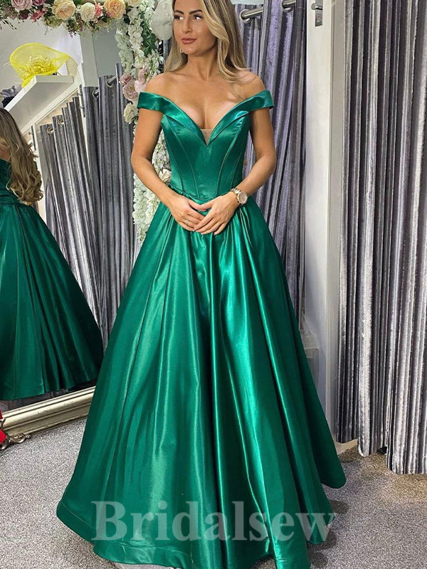 A-line Green Satin Off the Shoulder Stylish Elegant Long Women Evening Prom Dresses PD873