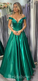 A-line Green Satin Off the Shoulder Stylish Elegant Long Women Evening Prom Dresses PD873