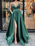 A-line Green Satin Spaghetti Straps Prom Dresses Online PD053