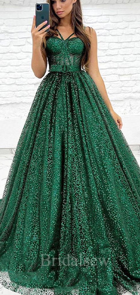 A-line Green Sequin Sparkly Black Girls Slay Formal Elegant Women Long Evening Prom Dresses PD583