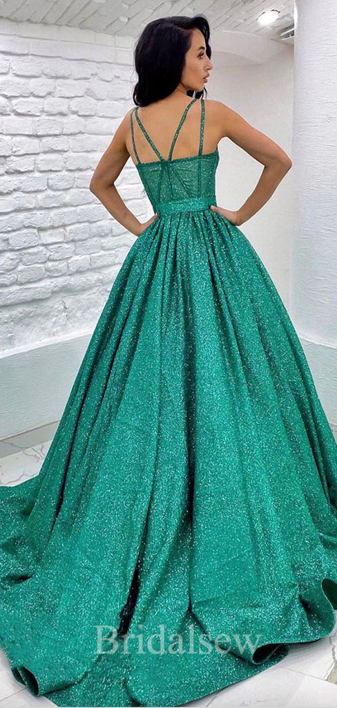 A-line Green Sequin Sparkly Black Girls Slay Modest Women Long Evening Prom Dresses PD582